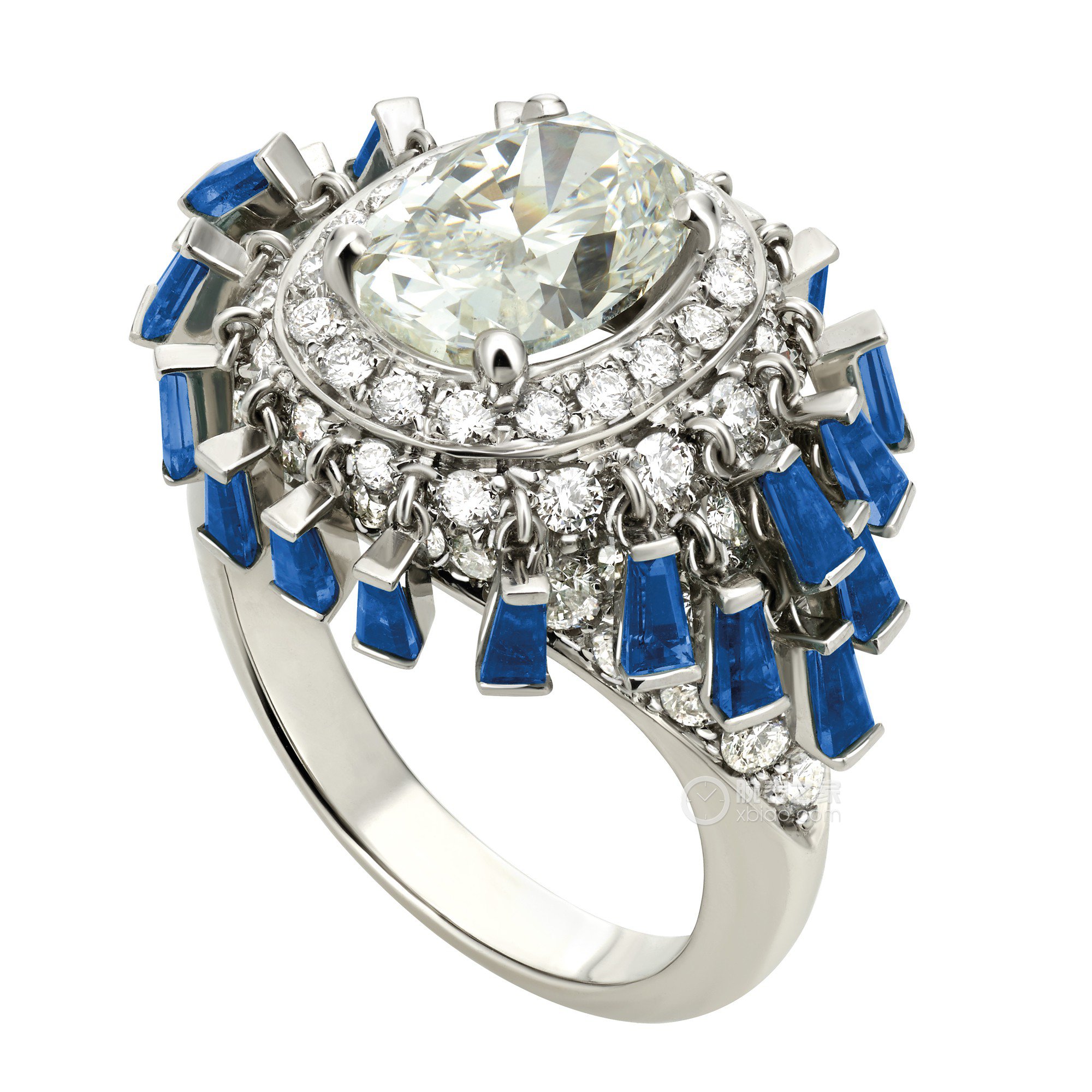 宝格丽铂金镶嵌蓝宝石密镶钻石戒指戒指