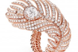 宝诗龙动物系列孔雀羽毛系列玫瑰金镶钻戒指，大型款