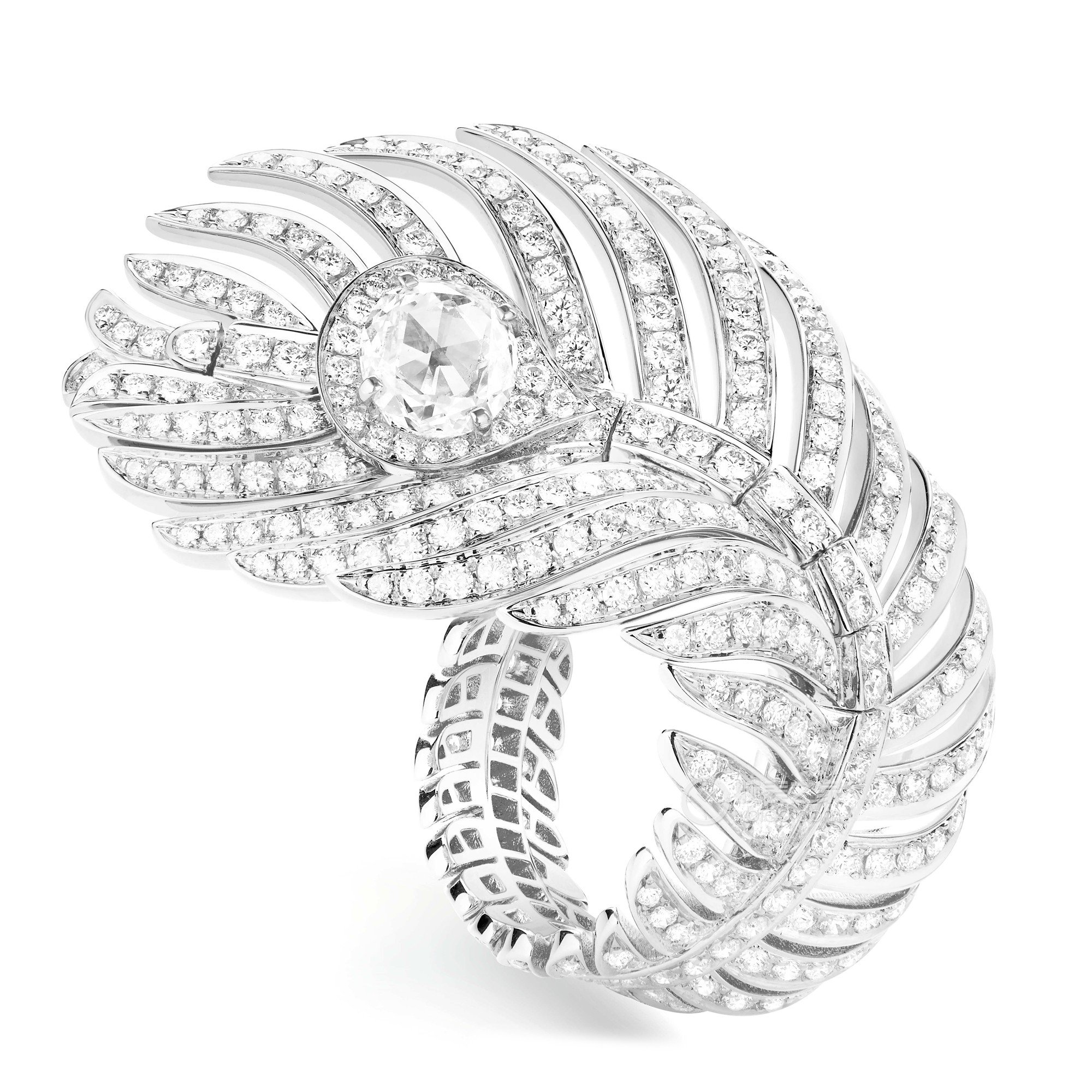 宝诗龙动物系列孔雀羽毛系列白金镶钻戒指，大型款戒指
